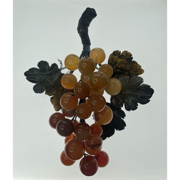 Vintage MCM Amber, Orange, Lucite, Acrylic Grape Cluster. Metal Leaves. - Picture 4 of 10